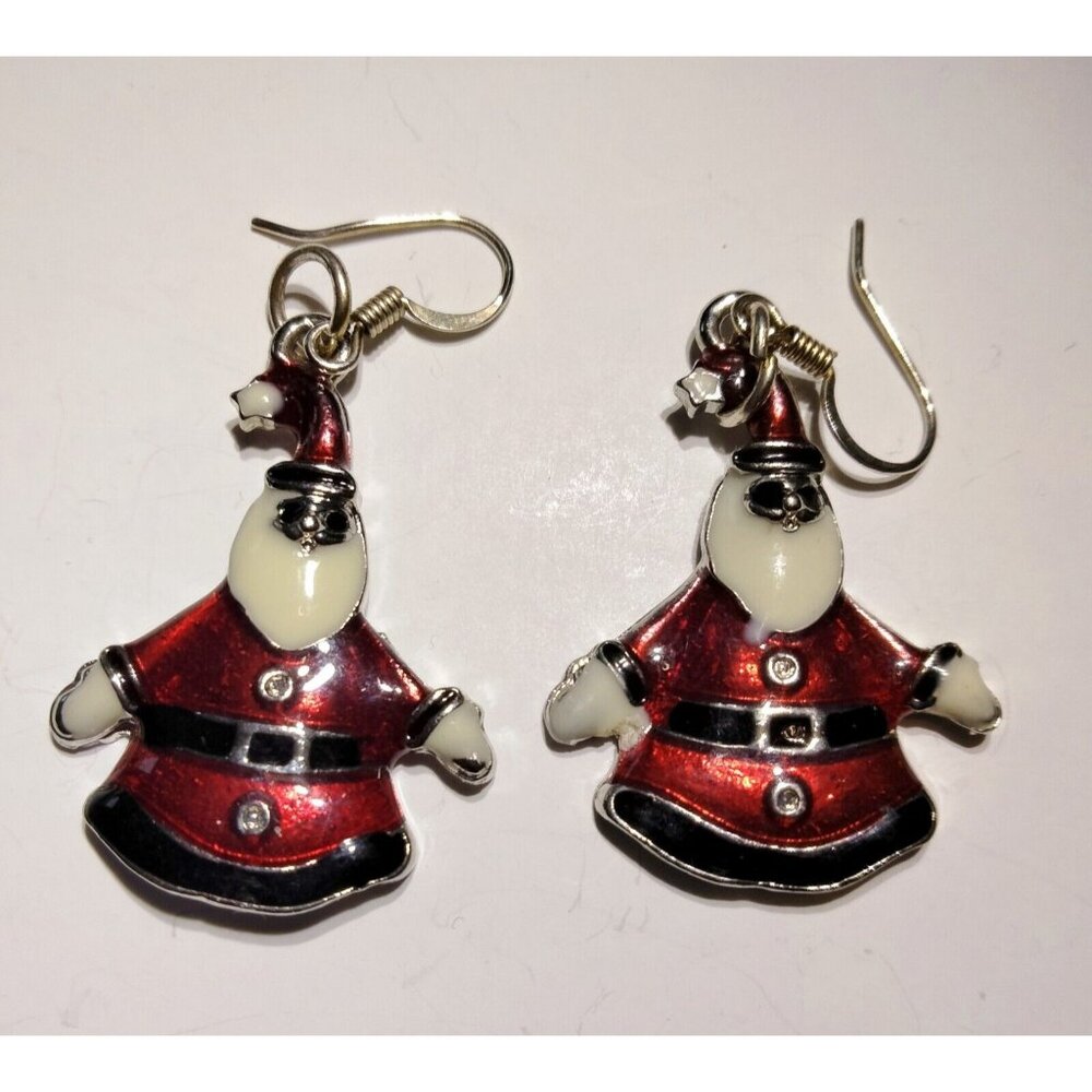 Santa Claus Earrings Dangle Drop Hook Red Silver St Nick Vintage Enamel